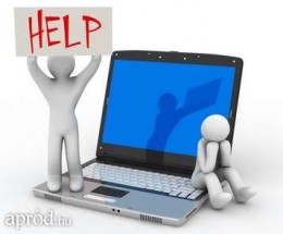 A képen egy laptop látható, melyhez két embert rajzoltak, akik nem tudják kezelni és segítséget kérnek