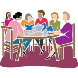A rajzolt képen emberek beszélnek egy asztal körül