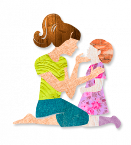 A képen egy rajz látható, amint egy felnőtt nő egy kisgyerekkel beszélget