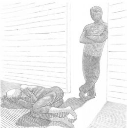 A képen a kiadvány borítója látható, melyen egy férfi áll egy ajtóban, előtte egy bántalmazott nő fekszik a padlón