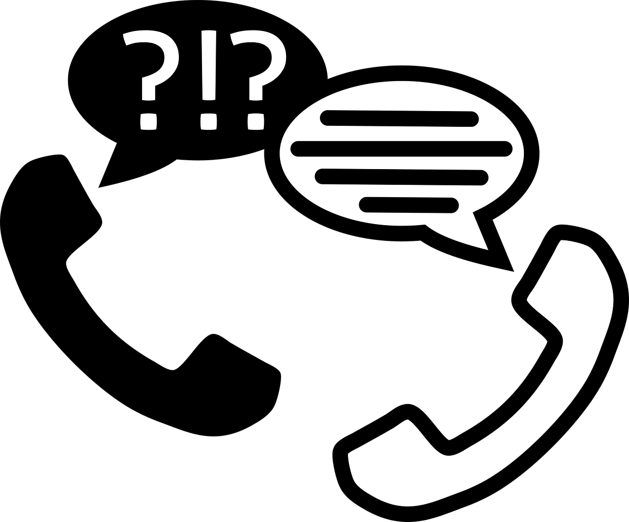 A képen két telefonkagyló sziluettje látható. Amíg a fekete kagyló feletti buborék egy kérdőjelet tartalmaz, addig a fehér kagyló feletti buborék a választ sejteti.